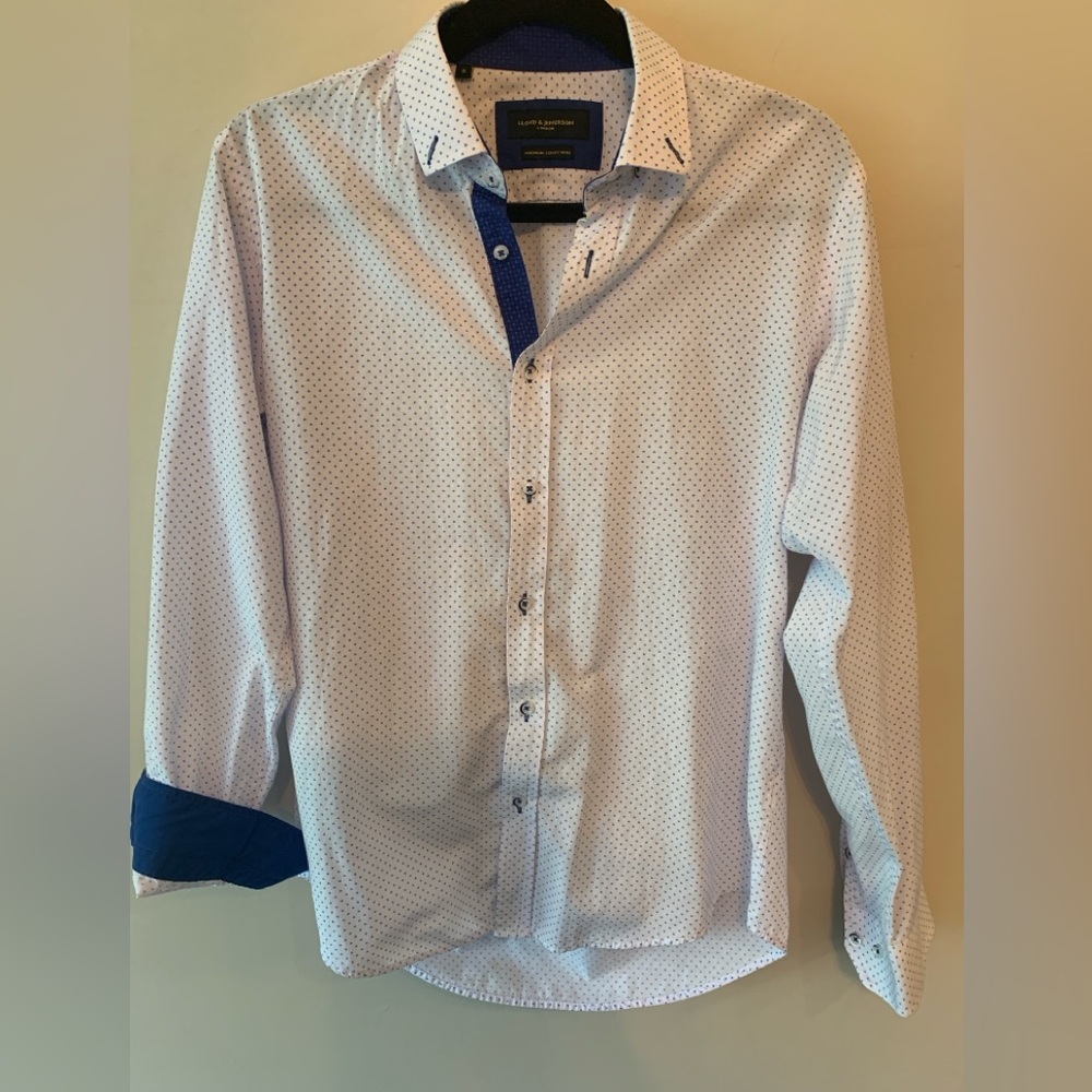 White Micro-Print Men's Dress Shirt with Navy Contrast